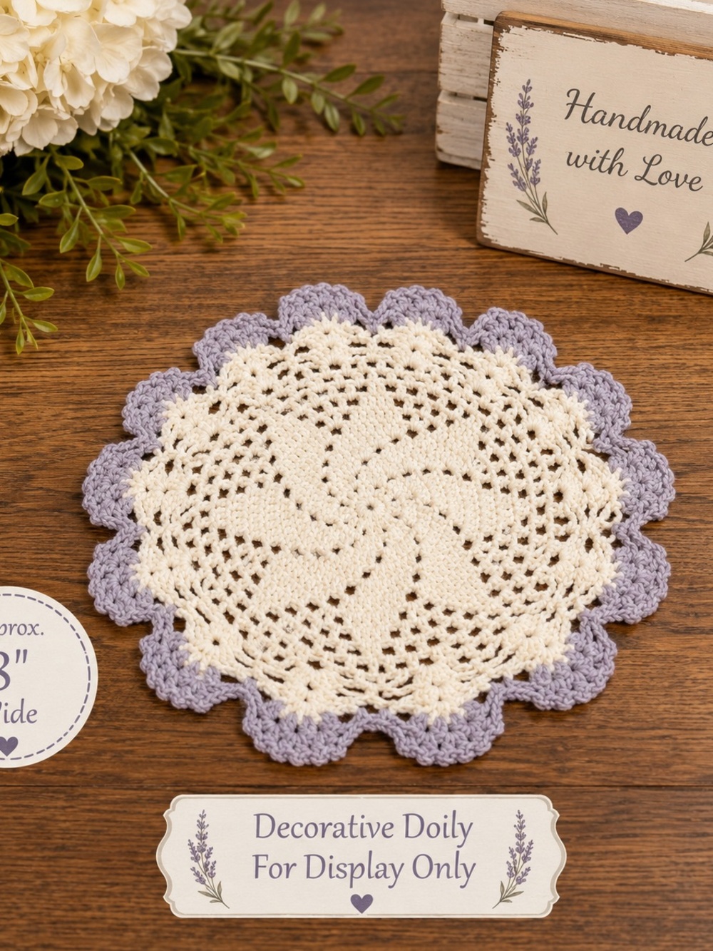 Source Unknown Crochet Doily in Cream with Lavender Edge